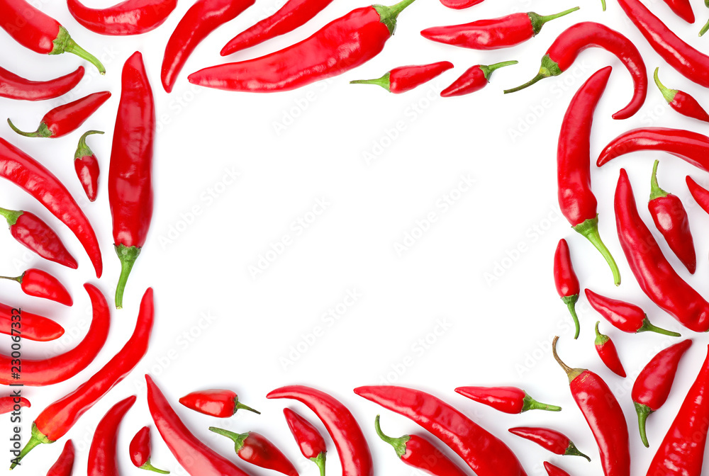Frame made of red chili peppers on white background, top view. Space for text