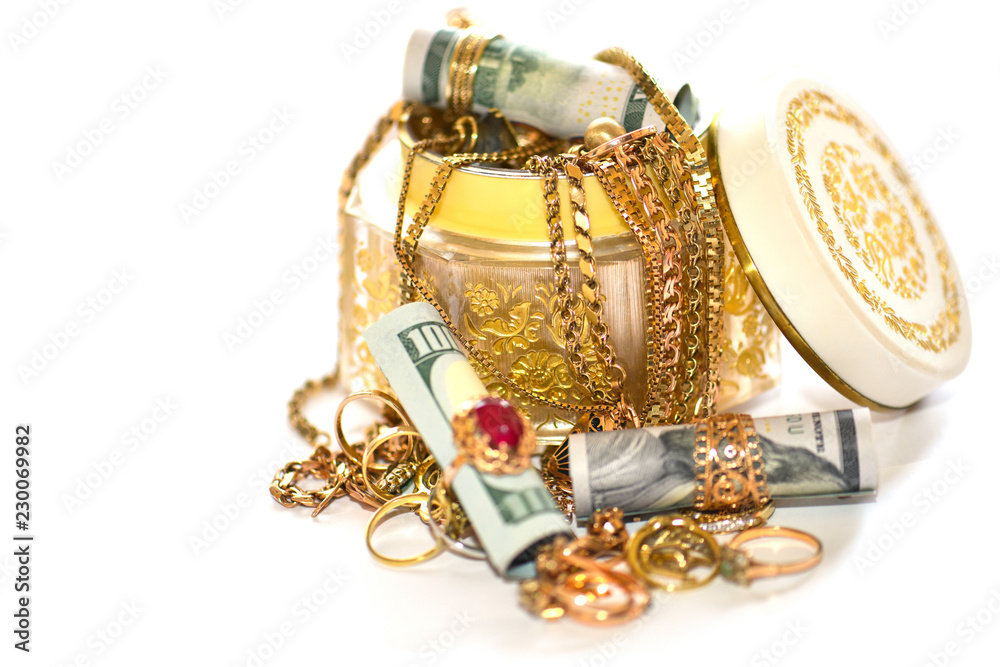Antique chest with golden jewelry and Dollar Money