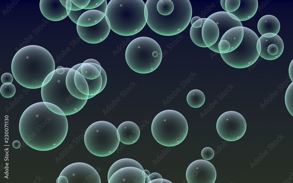 Dark background green mesh bubbles. Wallpaper, texture with bubble. 3D illustration