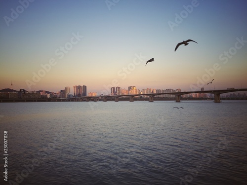 The Han River in Seoul, south Korea at sunset.