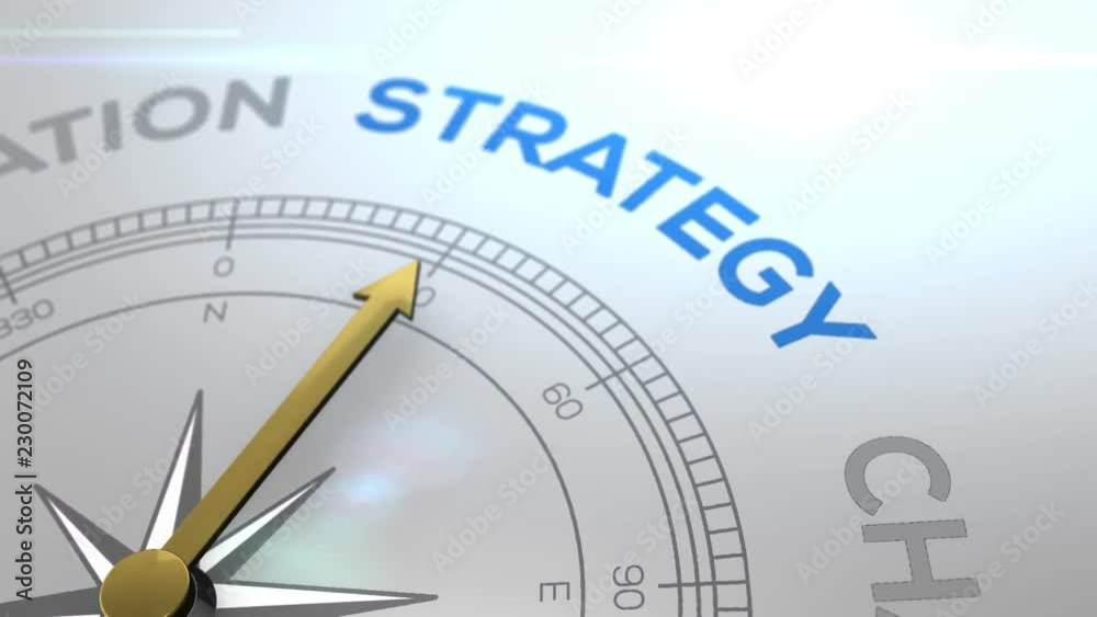 Compass with the text STRATEGY right path, concept video for good direction white shiny background Compass with the text STRATEGY right path, concept video for good direction white shiny background