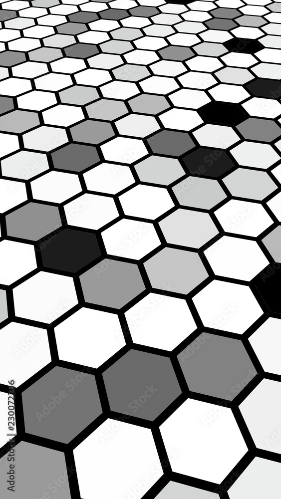 Black honeycomb with a gradient color. Perspective view on polygon look like honeycomb. Isometric geometry. 3D illustration Black honeycomb with a gradient color. Perspective view on polygon look like honeycomb. Isometric geometry. 3D illustration