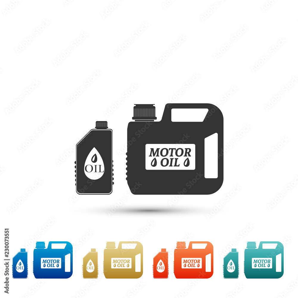 Plastic canister for motor machine oil icon isolated on white background. Oil gallon. Oil change service and repair. Engine oil sign. Set elements in colored icons. Flat design. Vector Illustration Plastic canister for motor machine oil icon isolated on white background. Oil gallon. Oil change service and repair. Engine oil sign. Set elements in colored icons. Flat design. Vector Illustration