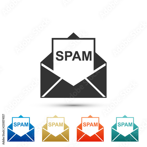 Envelope with spam icon isolated on white background. Concept of virus, piracy, hacking and security. Set elements in colored icons. Flat design. Vector Illustration