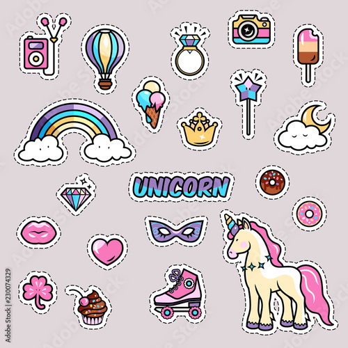 Unicorn magic rainbow vector illustration - cute cartoon card, trendy sticker and fashion shirt design