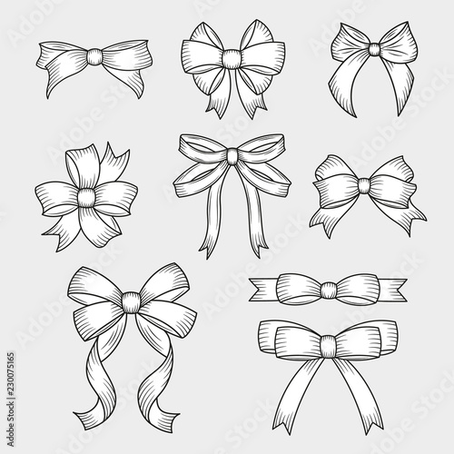 Set of hand drawn decorative bows. Decoration for traditional holidays and gift boxes. Vector illustration. © Evgeniia Andronova