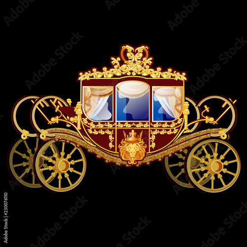 Vintage horse carriage with golden florid ornament isolated on a black background. Vector illustration.