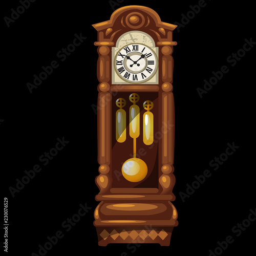 Antique wooden grandfather clock isolated on a black background. Vector illustration.