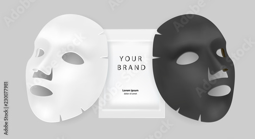 Black and white facial mask cosmetics ads. Realistic vector illustration. Package design for face mask isolated on grey background.