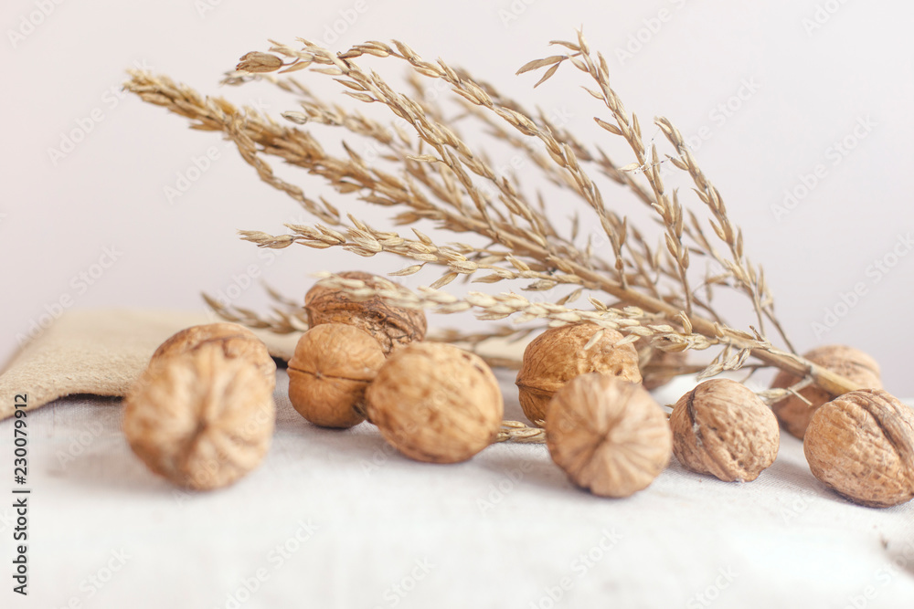 Walnut and dry bunch flower on linen fabric. The concept of comfort, warmth and home. Autumn or fall abstract warm background. Flat lay, top view, copy space.