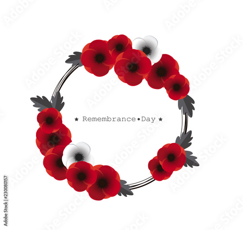 Remembrance day vector. Wreath of poppies on white background. 