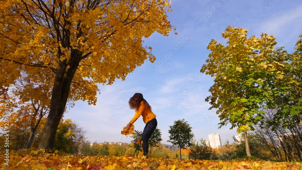 Woman take and throw up in air bright yellow fallen leaves Woman take and throw up in air bright yellow fallen leaves