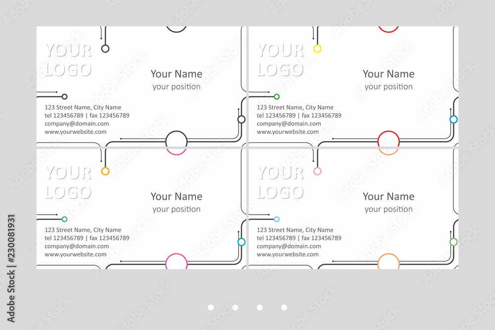 Obraz premium Minimalistic business card vector templates set. Universal geometric seamless design, black lines on the white background with color accent - just place your text. Available in EPS - CMYK - Calibri