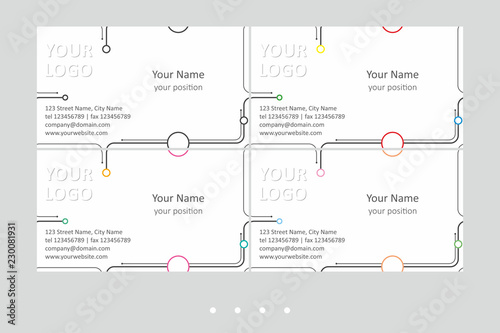 Minimalistic business card vector templates set. Universal geometric seamless design, black lines on the white background with color accent - just place your text. Available in EPS - CMYK - Calibri