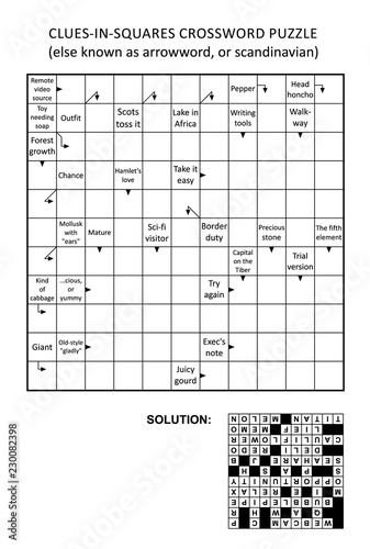 Clues-in-squares crossword puzzle, or arrow word puzzle, else arrowword, scandinavian, or scanword, skanword. General knowledge, non-themed, family friendly. Solution included. 
