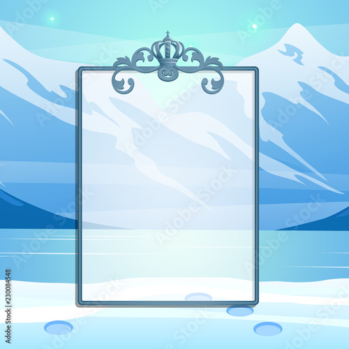 Winter sketch with space for your text on the background of snowy slope of the mountains. Sample of Christmas and New year greeting card, festive poster or party invitations. Vector illustration.