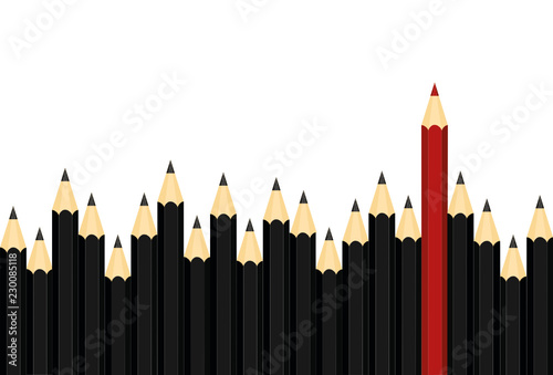 Many group of black pencils but red color standing out from crowd of plenty identical  leadership  independence  initiative  business success concept . Vector isolated on white background