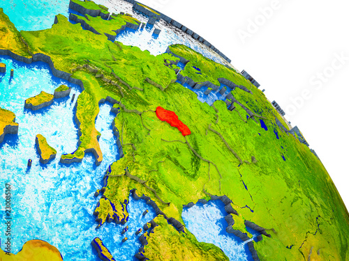 Slovakia Highlighted on 3D Earth model with water and visible country borders.