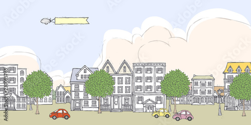 Airplane pulling blank banner over houses with trees and colorful cars on road