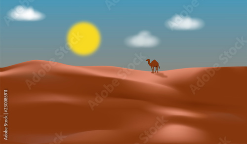  A camel traveling in the desert, illustration. 