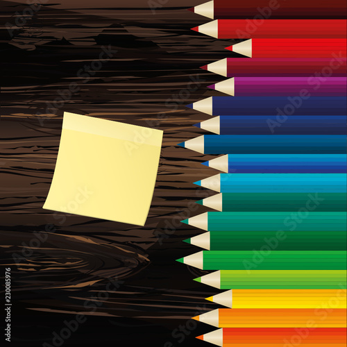 Colorful pencis. Yellow sheet of paper for notes. Sticker. Vector on wooden background. photo