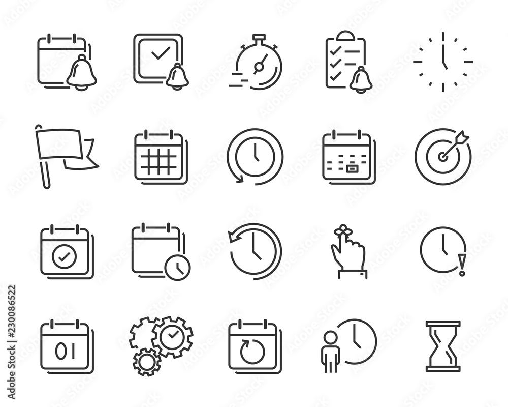 set of time relation vector line icon, such as calendar, reminder, day, year 2019, event set of time relation vector line icon, such as calendar, reminder, day, year 2019, event