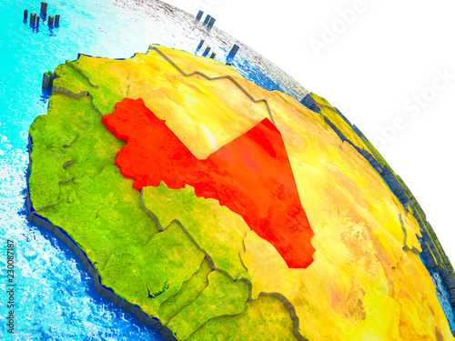 Mali Highlighted on 3D Earth model with water and visible country borders.