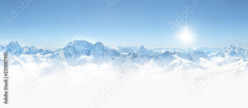 Panorama of winter mountains in Caucasus region,Elbrus mountain,
