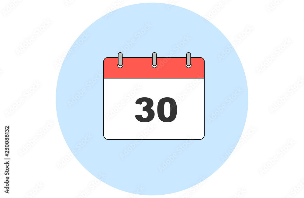 Simple vector of a calendar with day 30th inside a background with a blue round.