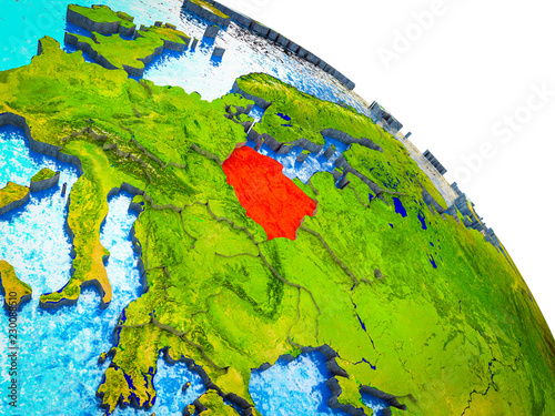 Poland Highlighted on 3D Earth model with water and visible country borders.