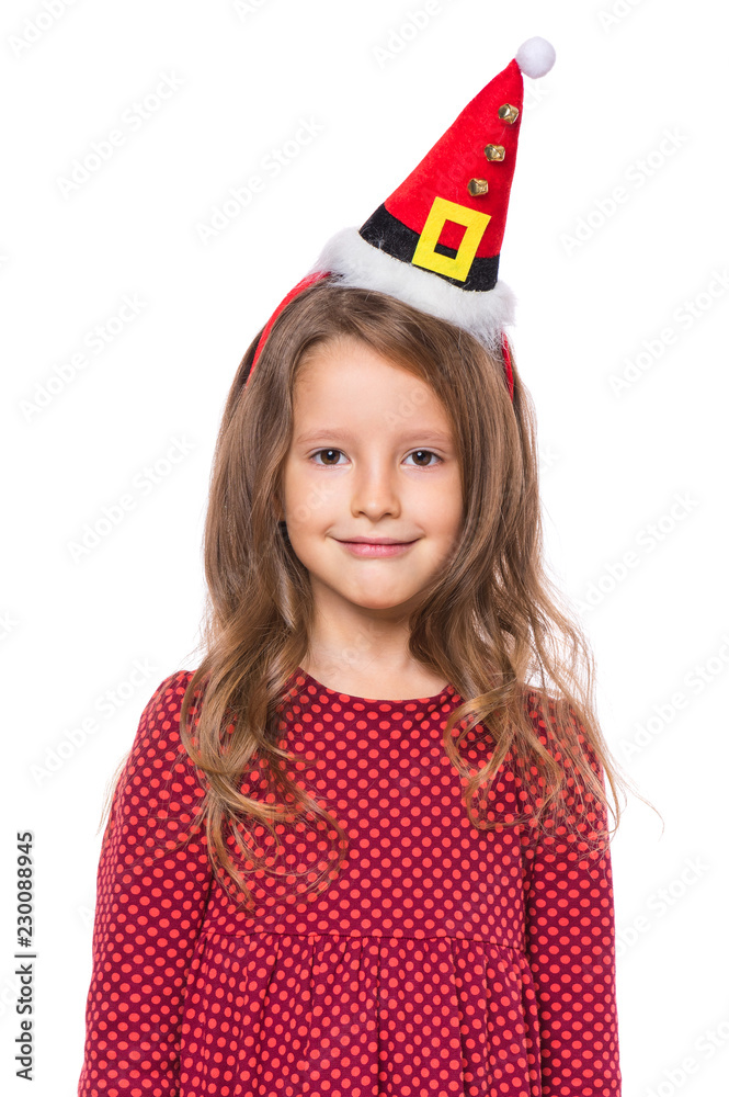 Portrait of smiling little girl with Santa Claus hat. Holiday Christmas concept - happy cute child isolated on white background. Portrait of smiling little girl with Santa Claus hat. Holiday Christmas concept - happy cute child isolated on white background.