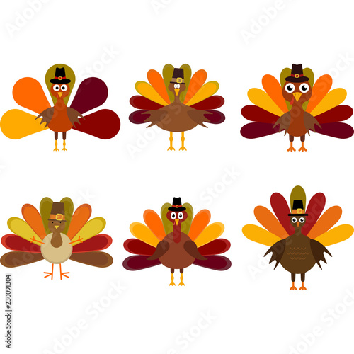 Vector set of a six colorful thanksgiving turkeys
