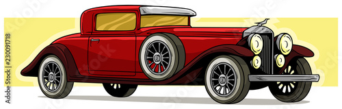 Cartoon retro vintage luxury red car with spare wheel on yellow background. Vector icon.