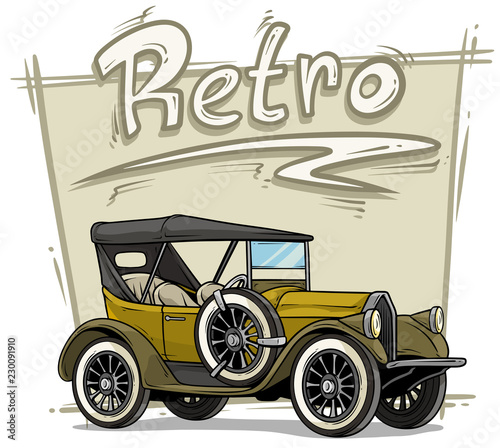 Cartoon retro vintage luxury yellow convertible car with spare wheel on gray background. Vector icon.