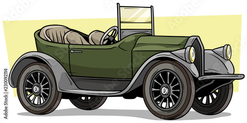 Cartoon green vintage luxury green convertible car with spare wheel on yellow background. Vector icon.