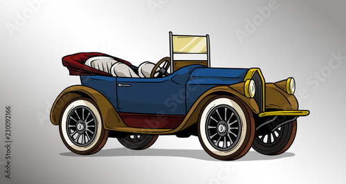 Cartoon green vintage luxury blue golden convertible car with spare wheel on gray background. Vector icon.