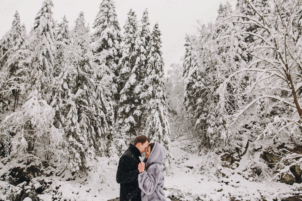Stylish couple embracing in winter snowy mountains. Happy romantic man and woman in luxury clothes gently kissing at waterfall in snow. Holiday getaway together. Space for text.