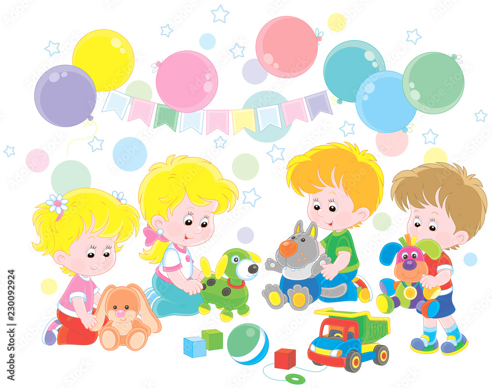 Small children playing colorful soft toys in their playroom, vector illustration in a cartoon style Small children playing colorful soft toys in their playroom, vector illustration in a cartoon style
