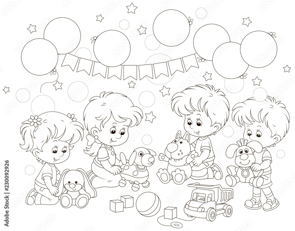 Fototapeta Small children playing funny soft toys in their playroom, black and white vector illustration in a cartoon style for a coloring book