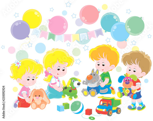 Small children playing colorful soft toys in their playroom, vector illustration in a cartoon style