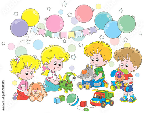 Small children playing colorful soft toys in their playroom, vector illustration in a cartoon style