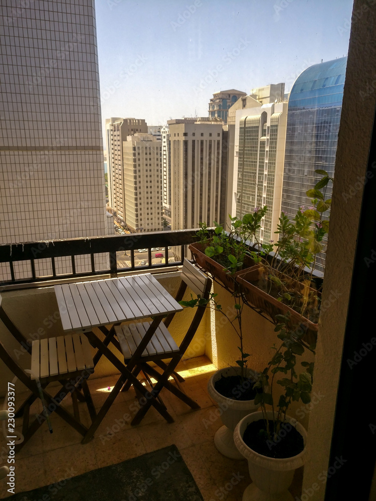 Fototapeta premium Vertical shot of a beautiful relaxing balcony with plants view from a tower in the city