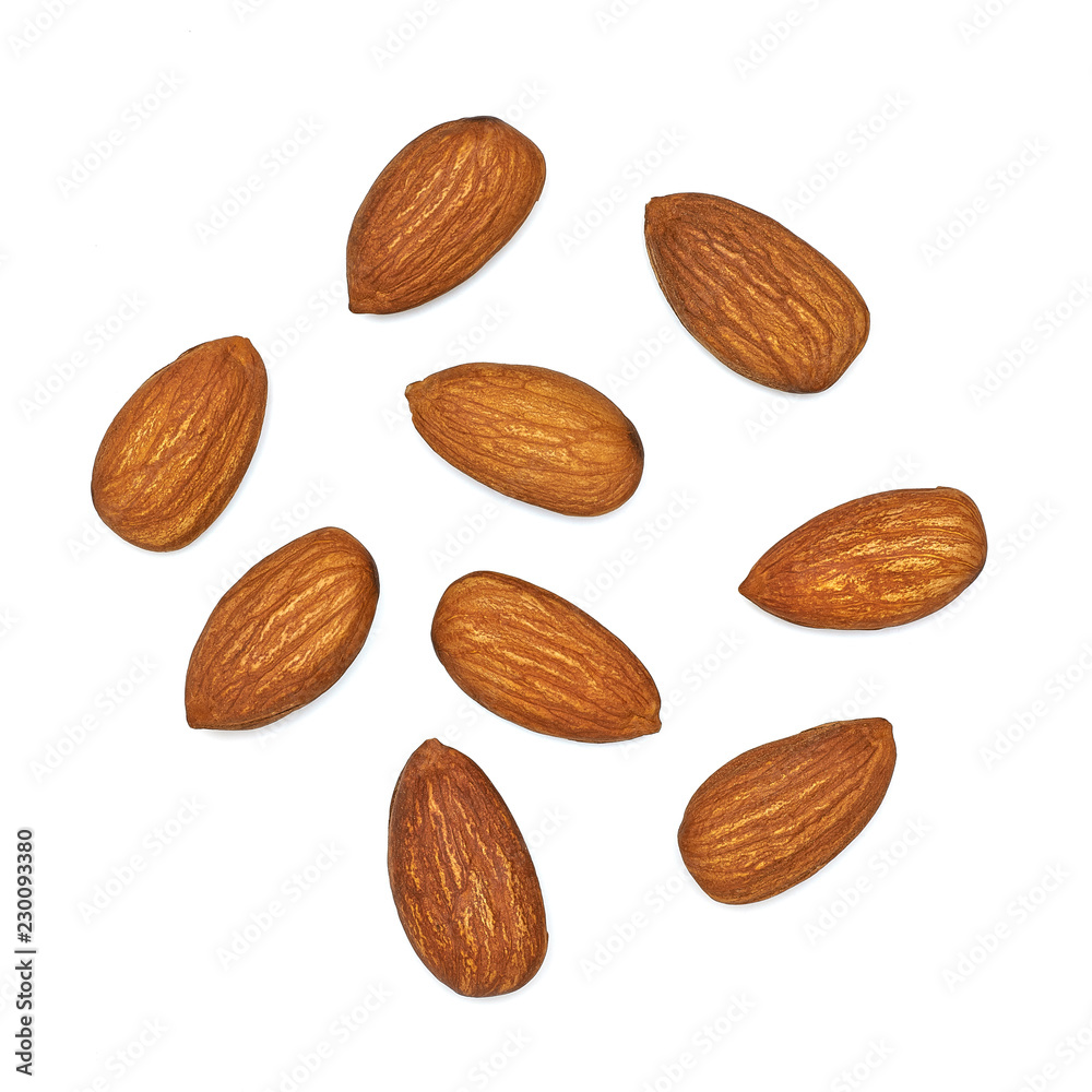 Almonds from top view isolated on white background