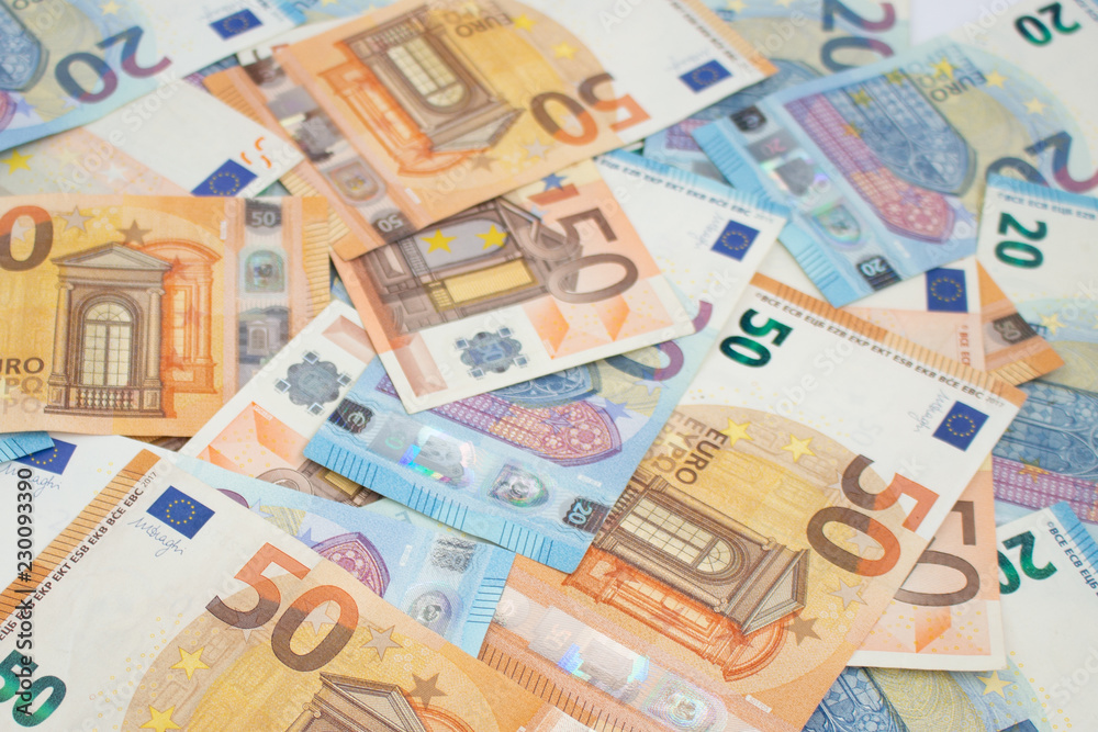 Close up of euro banknotes. Background of European Union currency