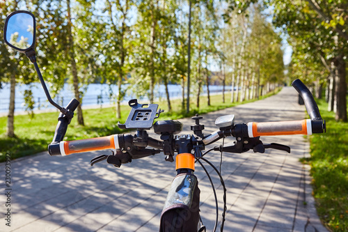 View from the side of the cyclist. Rudder of a brutal bicycle against the background of a bicycle path going into perspective along a light birch grove