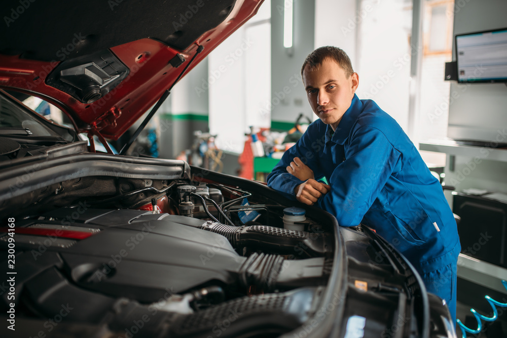 Fototapeta Mechanic makes visual inspection of the car engine