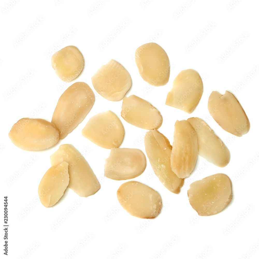 Sliced almonds pile from top view isolated on white background Sliced almonds pile from top view isolated on white background