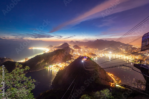 Aerial view of Rio de Janeiro Coast with Copacabana, Praia Vermelha beach, Urca and Corcovado mountain at night - Rio de Janeiro, Brazil