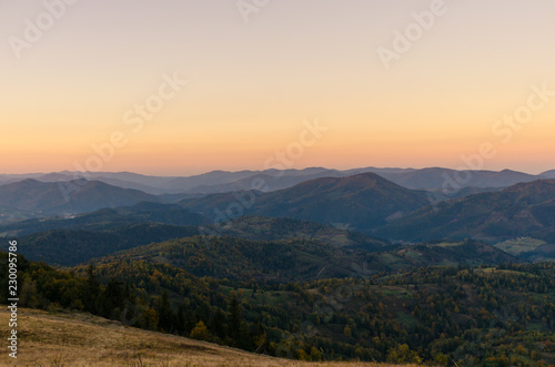 Sunset in the Carpathian Mountains in the autumn season