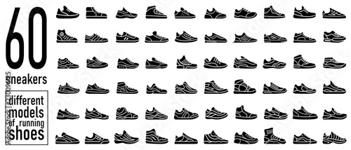 60 sneaker running shoes icons set. Simple style